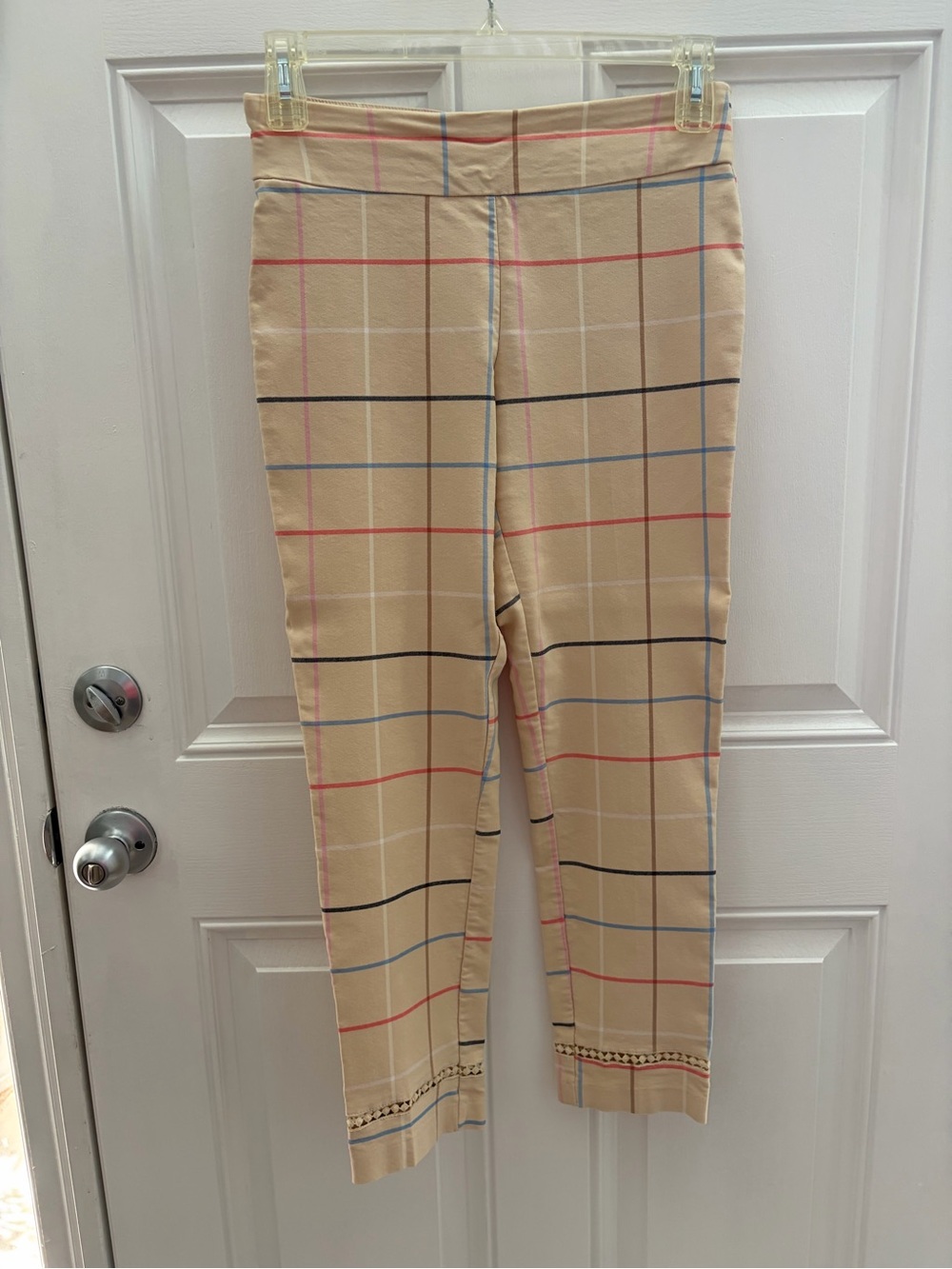 crown & ivy Beige Plaid Slim Chinos with Multicolor Windowpane Lines